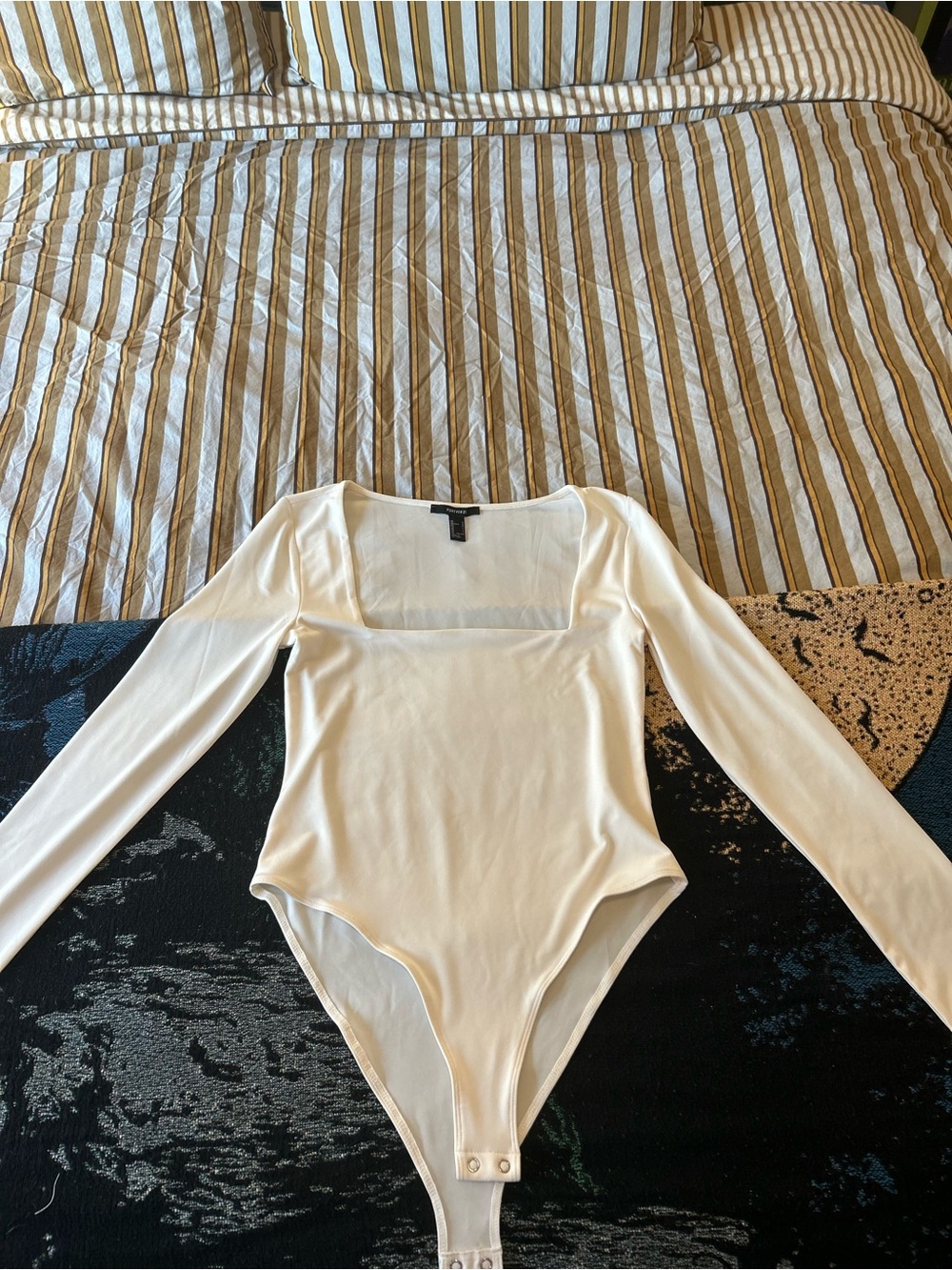 Forever 21 Cream Long Sleeve Square Neck Bodysuit